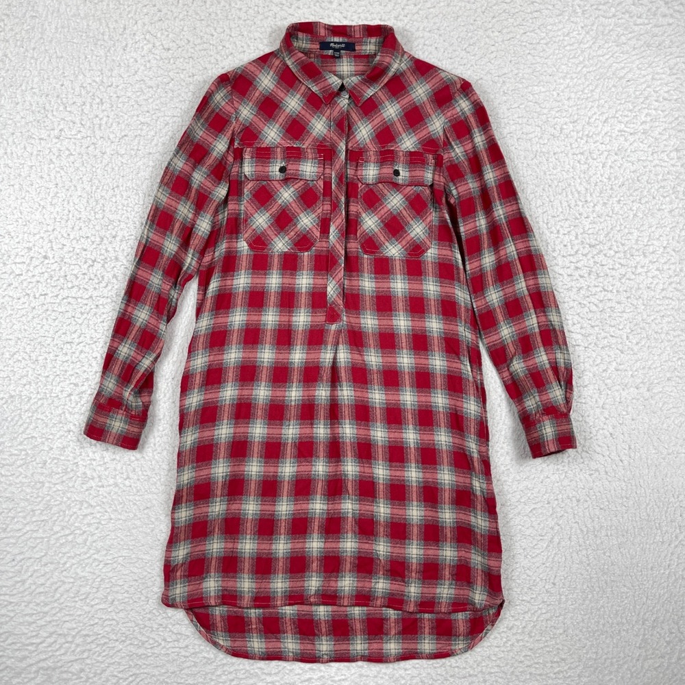 Madewell Shirt Dress Womens XXS Red Plaid Flannel Pockets Grunge Casual Classic